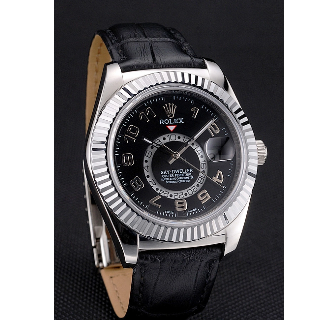 Aaa replica watch Dial Dweller Steel Black Leather Black Rolex Strap Stainless Sky Case 0729